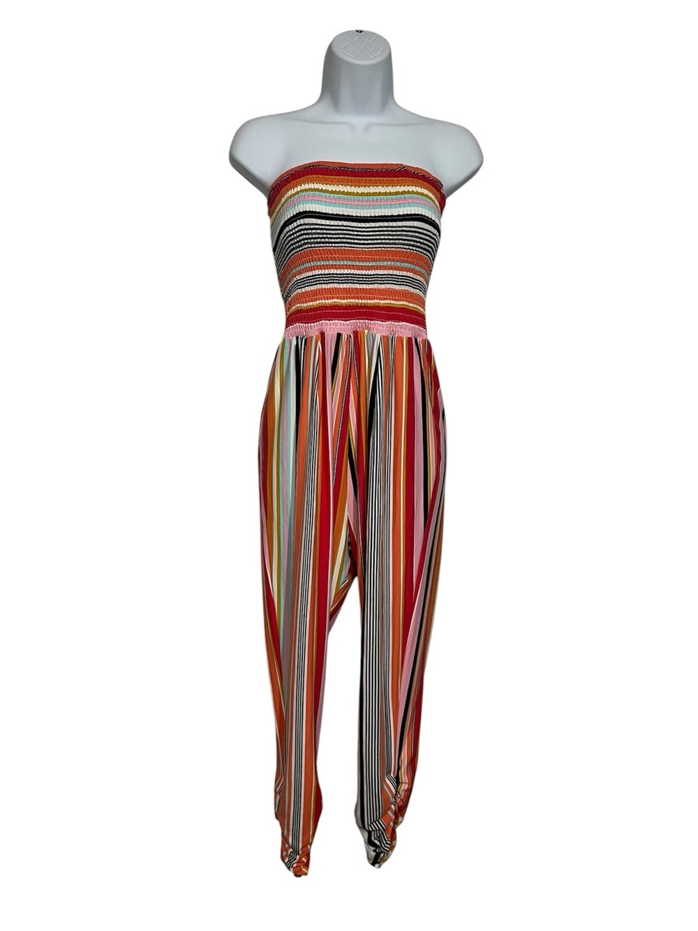 Vibrant Striped Multicolor Strapless Jumpsuit Size Small Beach Boho Super Soft